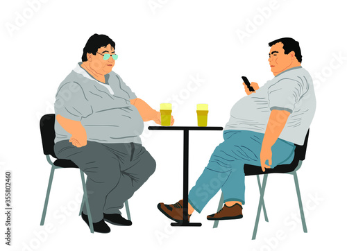 Fat friends sitting and drinking beer in pub vector isolated. Big boys talking and enjoy in drink. Overweight person trouble with food calorie. Breathless sweaty man need break. Boy with mobile phone