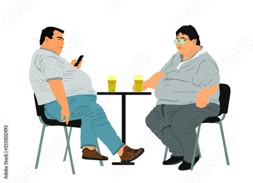 Fat friends sitting and drinking beer in pub vector isolated. Big boys talking and enjoy in drink. Overweight person trouble with food calorie. Breathless sweaty man need break. Boy with mobile phone