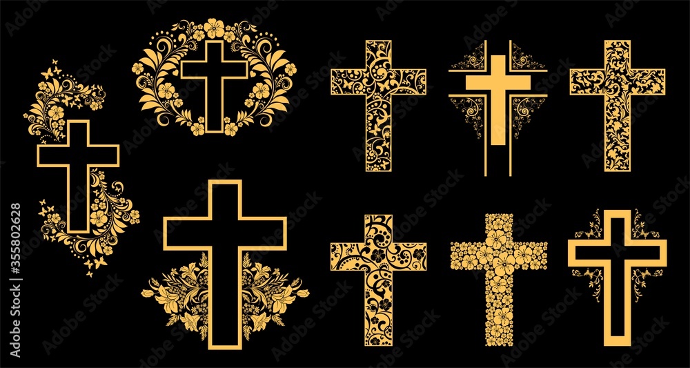 Religion gold cross icon set isolated on black background.  Big Collection of Christian Symbol design. Decorated crosses signs or ornamented crosses symbols.  illustration