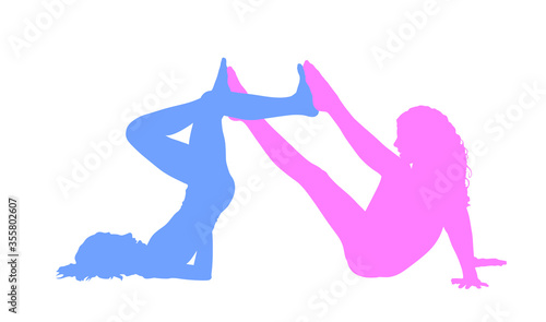 Two girls mat exercises, bicycle pose on the floor for warming up, vector silhouette isolated on white background. Body strain, racking. Art pose. Active healthy sport life. Worming up stretching.