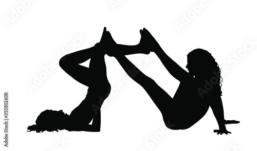 Two girls mat exercises, bicycle pose on the floor for warming up, vector silhouette isolated on white background. Body strain, racking. Art pose. Active healthy sport life. Worming up stretching.