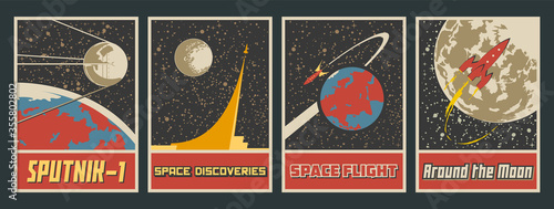 Old Soviet Space Propaganda Posters Stylization, Retro Space Rockets, Moon, Earth, Space Flights