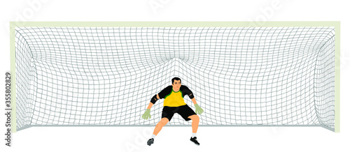 Soccer goalkeeper in front of goal net vector illustration. Football  goal keeper net isolated on white background. Defender sportsman position. Save penalty. Active sport boy. Man on goal.