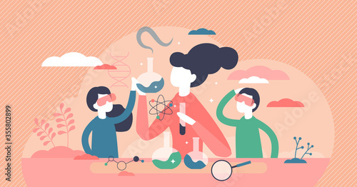 Kids science vector illustration. Experiment lab flat tiny persons concept. photo