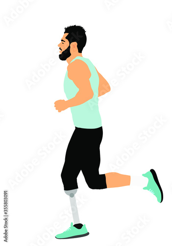 Sport man marathon runner with prosthetic leg vector illustration isolated on white background. Disabled sport boy active life. Sportsman with amputated prosthesis leg and strong will.