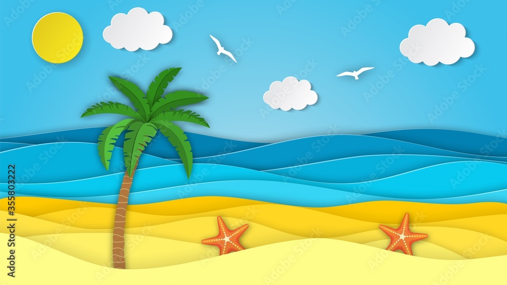 Sea landscape with beach, waves,palm clouds. Paper cut out digital craft style. abstract blue sea and beach summer background with paper waves and seacoast. Vector illustration