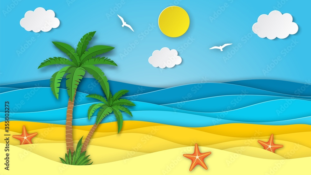 Sea landscape with beach, waves,palm clouds. Paper cut out digital craft style. abstract blue sea and beach summer background with paper waves and seacoast. Vector illustration