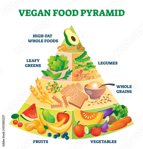 Vegan food pyramid vector illustration. Healthy vegetarian eating scheme.