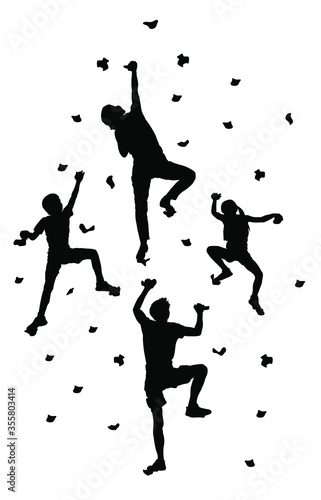 Family sport weekend action in adventure park vector silhouette isolated on white. Mother, father and children climbing on rock wall. Boy and girl climbers skills. Man and woman take care of kids.
