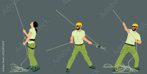 Man with rope rock climbing instructor guides to climber up on rock vector illustration isolated. Extreme sports boy climbs with rope. Sport action in adventure park. Alpinist rescue team.