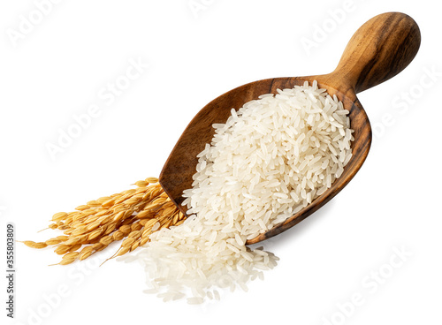 rice in wooden scoop isolated