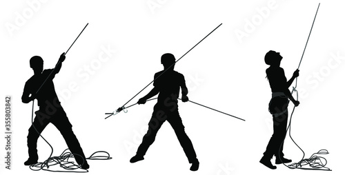 Man with rope rock climbing instructor guides to climber up on rock vector silhouette isolated on white. Extreme sports boy climbs with rope. Sport action in adventure park. Alpinist rescue team.