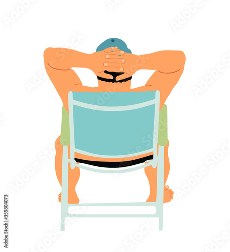 Retired old man on vacation sitting in beach chair, vector illustration. Senior sunbathing. Man enjoy in summer day. Free time in resort. Enjoying in sun. Relaxing and sleeping after swimming.