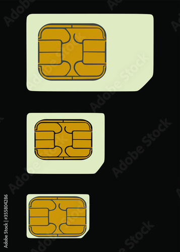 Smart phone sim card vector illustration isolated on black background. Sim cards collection, classic, micro and nano.