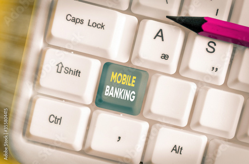 Text sign showing Mobile Banking. Business photo text to create financial transactions with the use of smartphone photo