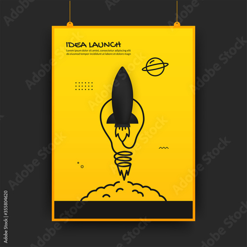 Rocket launching to space with light bulb poster, business start up concept