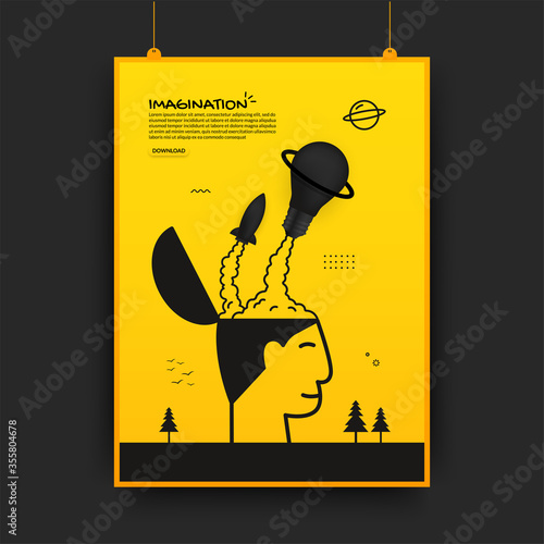 Rocket and light bulb launching out from human head, imagination concept poster