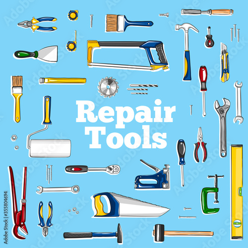 Repair tools icons set in cartoon style. Construction workshop equipment isolated elements. Handwork tools for carpentry and home renovation. Mechanic instruments for DIY store vector illustration.