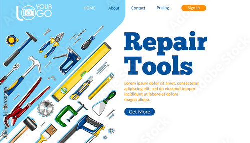 Repair tools landing page. Construction hand tools sketches for carpentry, handyman service advertising. Craftsmanship and handwork cartoon layout. Artisan mechanic workshop vector illustration.