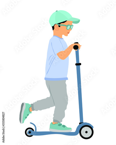 Little boy riding scooter vector illustration isolated on white. Happy kid on kick board enjoying. Active outdoor fun and entertainment. Roller sport. Son rent electric scooter on travel.