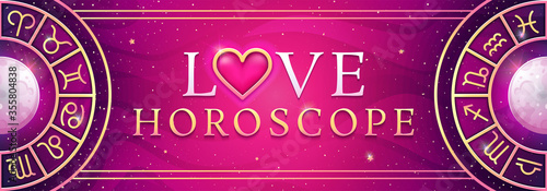 Zodiac symbols wheel banner on magic colors. Vector background