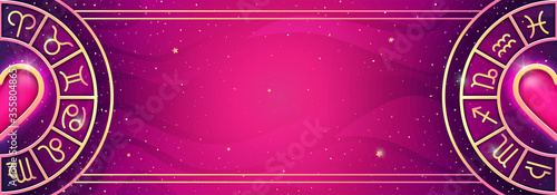 Zodiac symbols wheel banner on magic colors. Vector background photo