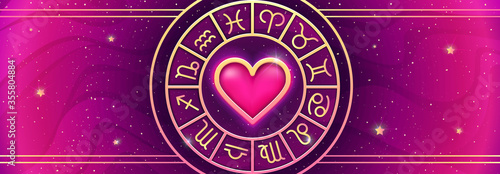 Zodiac symbols wheel on magic colors. Vector background