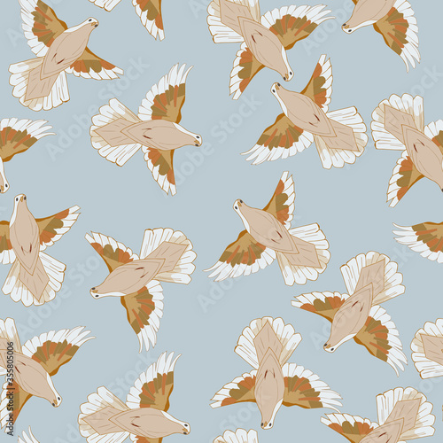 Seamless pattern made with flying pigeons. White  beige pigeons in motion - fly.