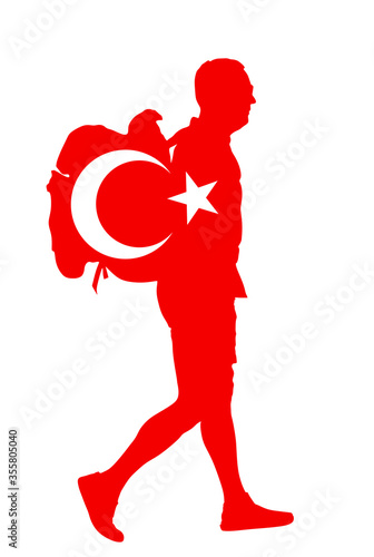 Turkish flag over passenger man with backpack vector silhouette illustration. Traveler boy with luggage go home, carry baggage. Tourist with heavy bag cargo load waiting taxi to airport, after holiday