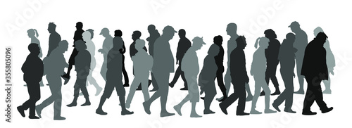 Crowd of people walking vector silhouette illustration isolated on white background. Senior tourists on vacation. Woman and man travelers parade. Many passengers cross the street on pedestrian zone.