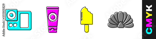 Set Photo camera, Sunscreen cream in tube, Ice cream and Scallop sea shell icon. Vector