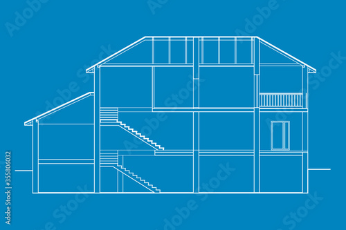 Architectural modern background. Cross-section suburban house. Vector blueprint.