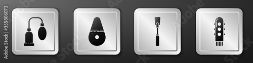 Set Penis pump, Dildo vibrator, Leather whip and Dildo vibrator icon. Silver square button. Vector