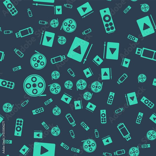 Set Online play video, Remote control, Film reel and USB flash drive on seamless pattern. Vector