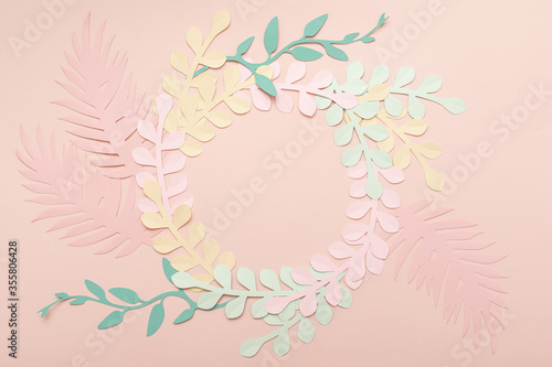 Paper art pink vintage background with flowers and tropical leaves. Trendy st...