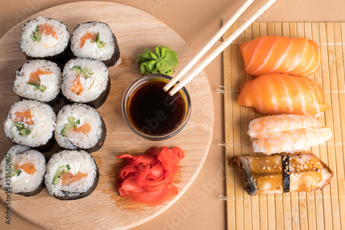 Composition with delicious nigiri sushi and rolls