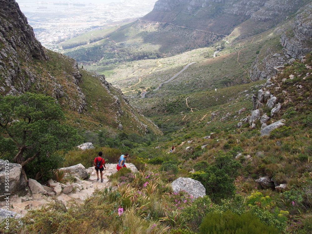 People descending from the top of Table Mountain, Cape Town, South Africa