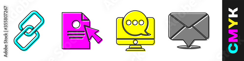Set Chain link, Document and cursor, Chat messages notification on monitor and Envelope icon. Vector