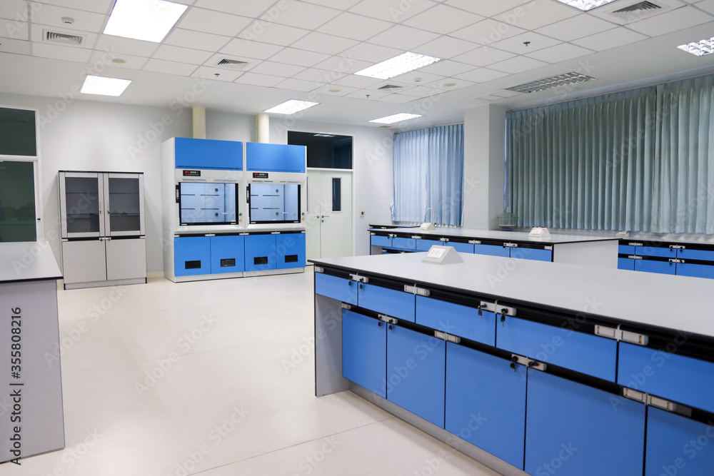 Laboratory fume hoods in science classroom interior of university