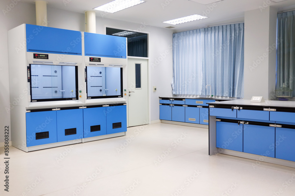 Laboratory fume hoods in science classroom interior of university