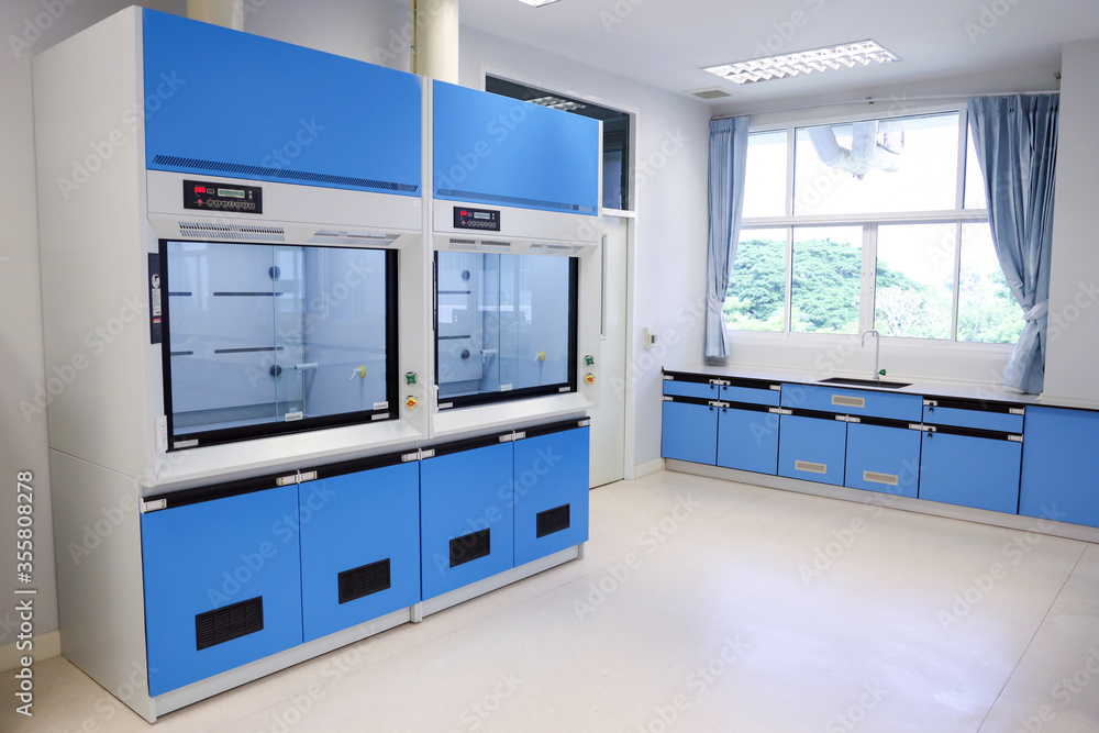 Laboratory fume hoods in science classroom interior of university