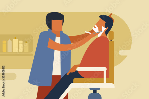 Illustration of a man getting shaved in a traditional barber shop