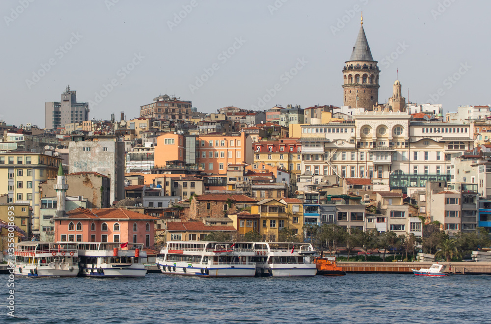 Istanbul, Turkey - a quarter within the borough of Beyoglu, often known as Karaköy, Galata is a main district in Istanbul. Here in particular the skyline, with the imposing Galata Tower