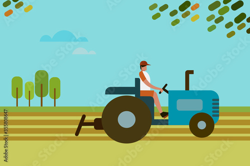 Illustration of a farmer plowing  an agricultural field using tractor
