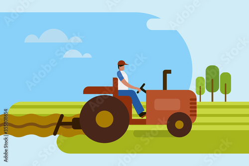 Illustration of a man plowing an agricultural field using tractor
