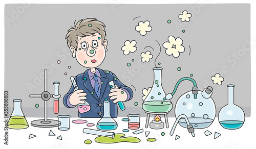 Schoolboy with a big scientific idea after an explosion during a dangerous experiment with chemical reagents and equipment at a chemistry lesson in a school class, vector cartoon illustration