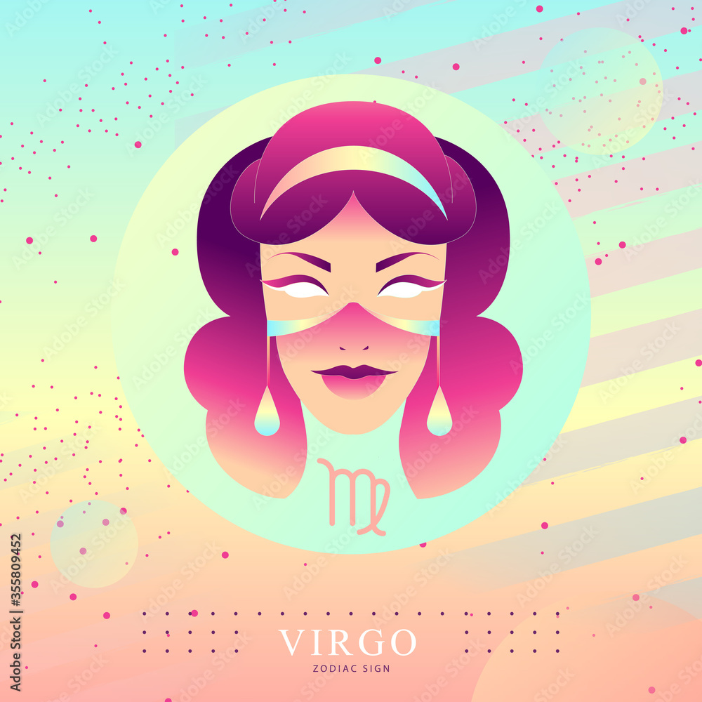 Modern magic witchcraft card with astrology Virgo zodiac sign. Woman head logo design