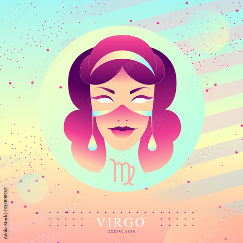 Modern magic witchcraft card with astrology Virgo zodiac sign. Woman head logo design