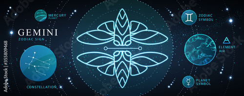 Modern magic witchcraft card with astrology Gemini zodiac sign. Neon butterfly or cicada illustration. Zodiac characteristic