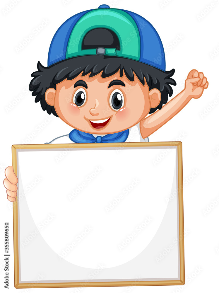 Blank sign template with cute boy on white background Blank sign template with cute boy on white background